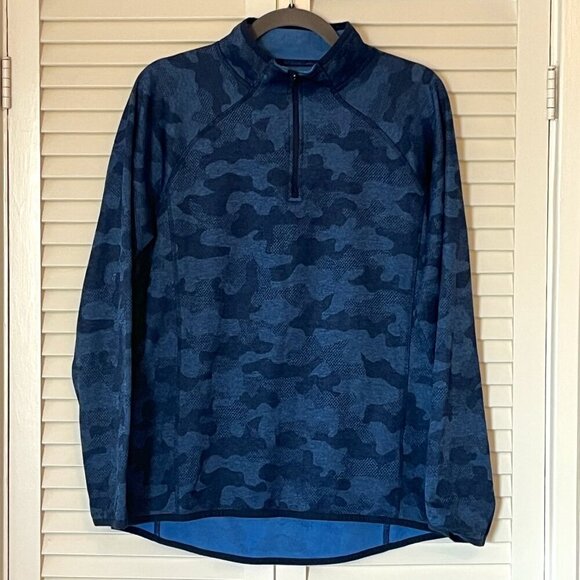 Hickey Freeman Men's Camo Jacquard Quarter Zip medium blue jacket *flaw* - Picture 2 of 11